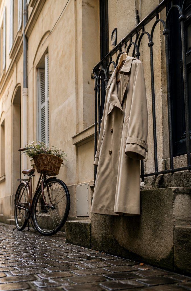 A trench coat hanging on a rack, ready for travel.