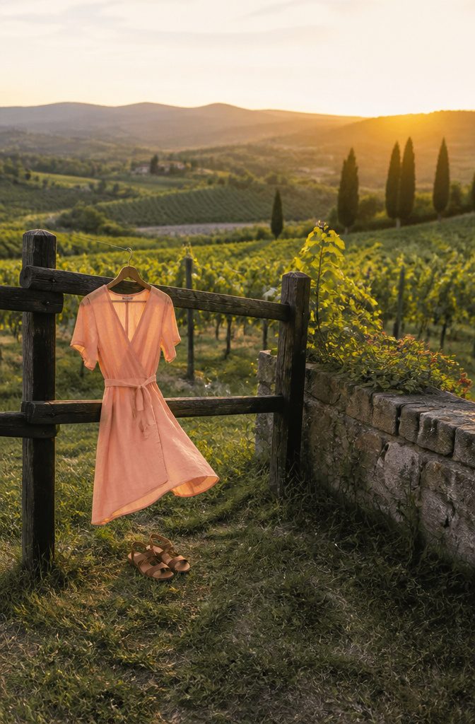 A lightweight dress hanging in a bright space, ideal for travel.