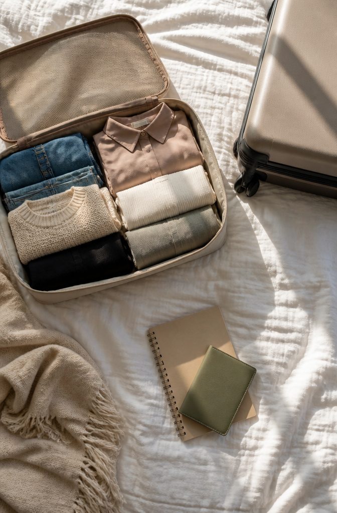 Packing cubes filled with clothing for a two-week trip to Europe.