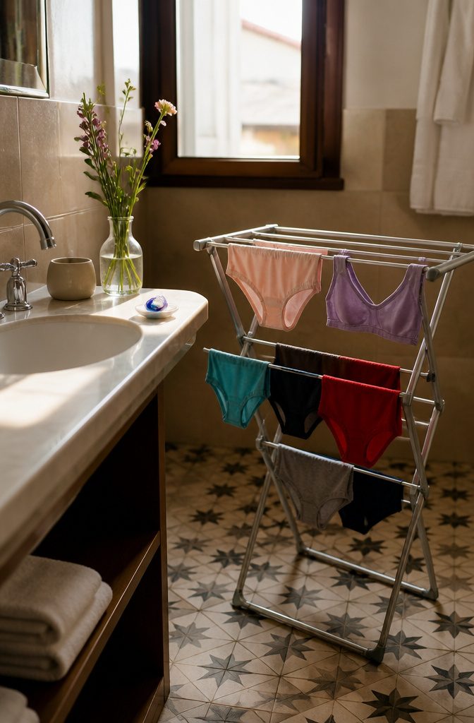 Lightweight undergarments hanging on a drying rack in a hotel bathroom.