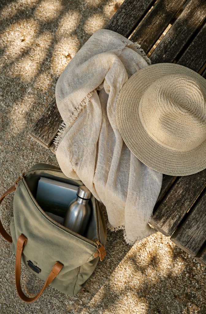 A packable sun hat and scarves displayed together for travel.