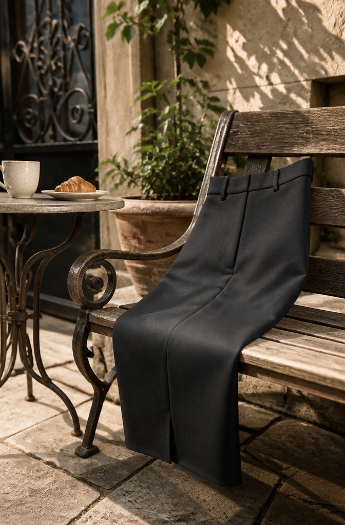 A collection of stylish pants suitable for travel displayed on a surface.