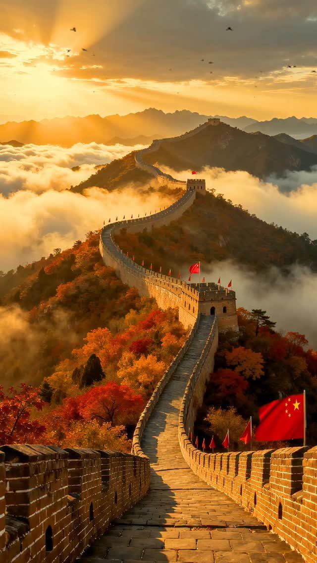 Great Wall of China winding through autumn mountains under a golden sunset sky