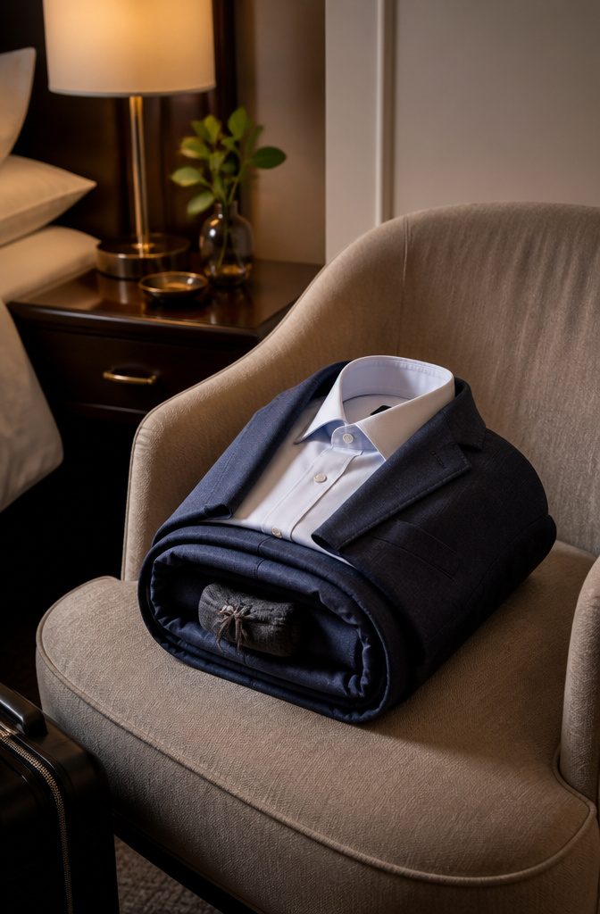 A blazer, dress shirt, and trousers wrapped into a neat bundle.