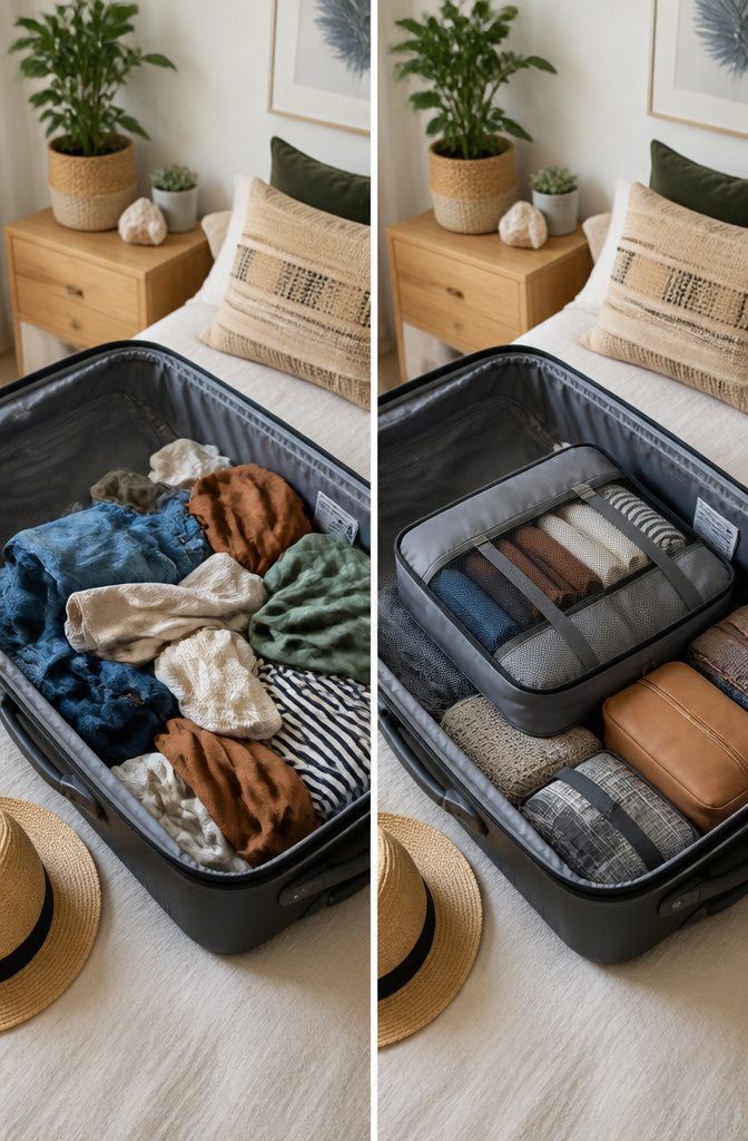 Compression packing cubes with clothes compressed inside.