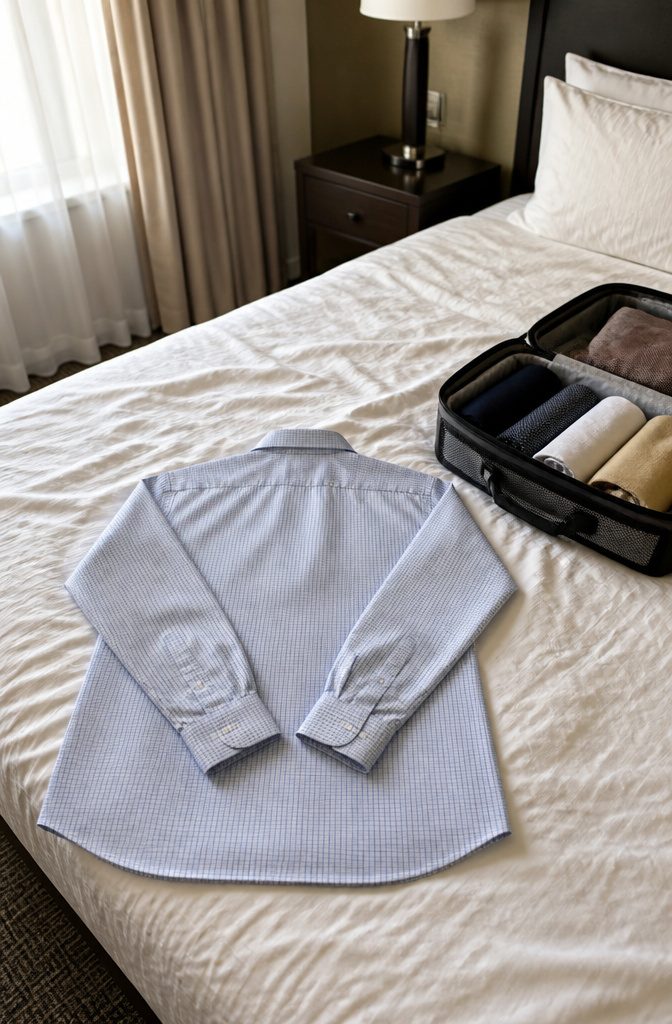 A dress shirt laid face down with sleeves folded at an angle.