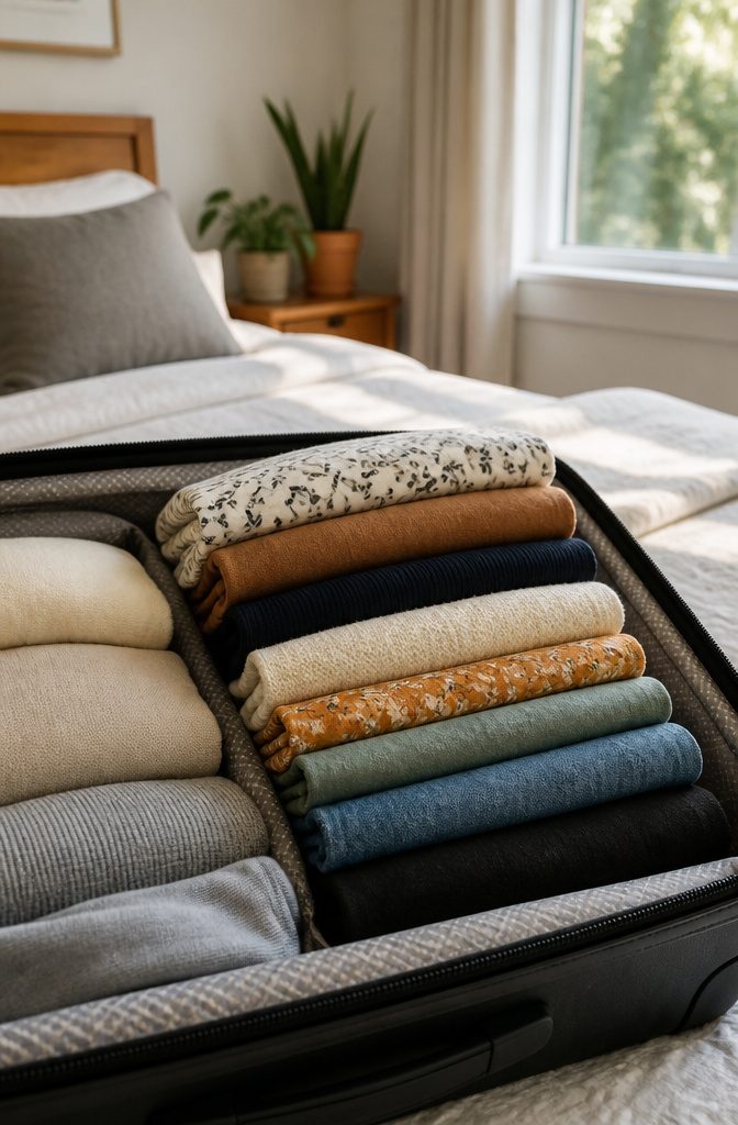 A vertical stack of clothing folded using the KonMari method.