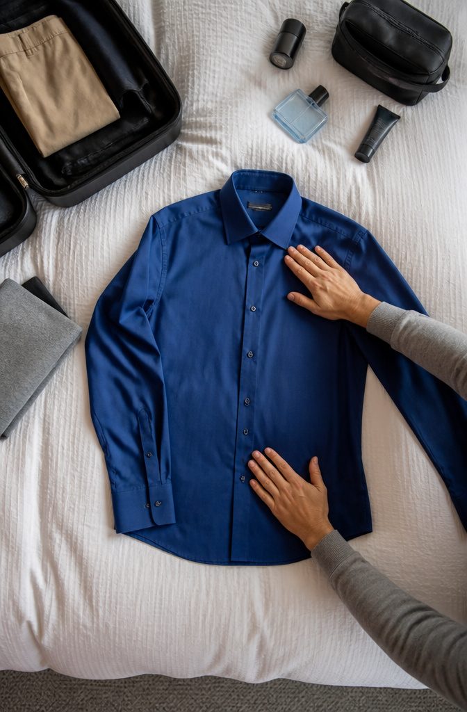 A shirt laid flat on a hotel bedspread, being smoothed out.
