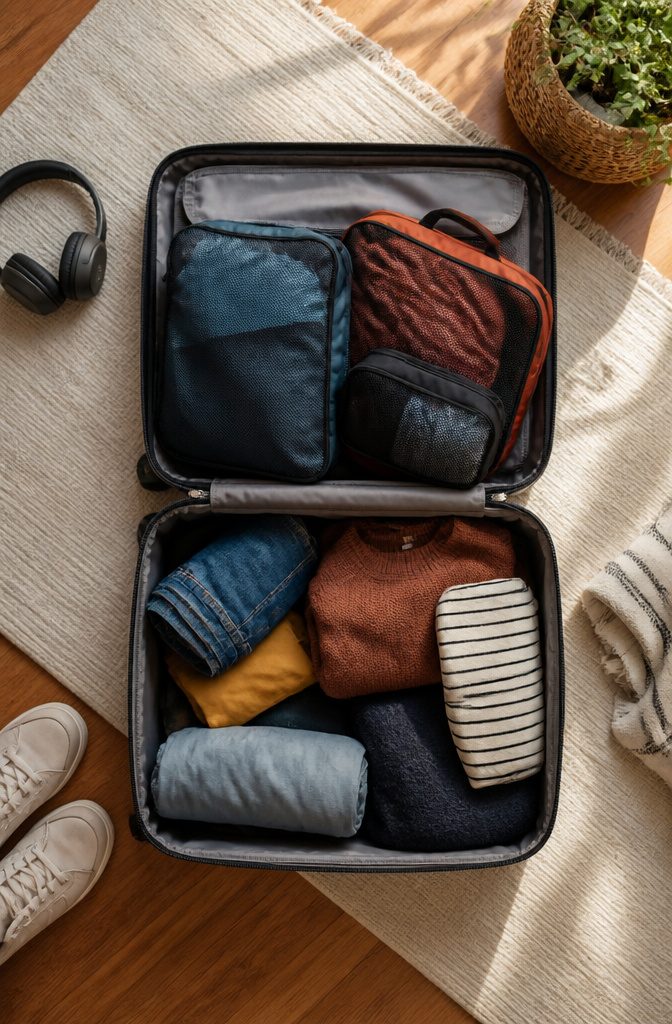 Compression packing cubes filled with neatly folded clothes.