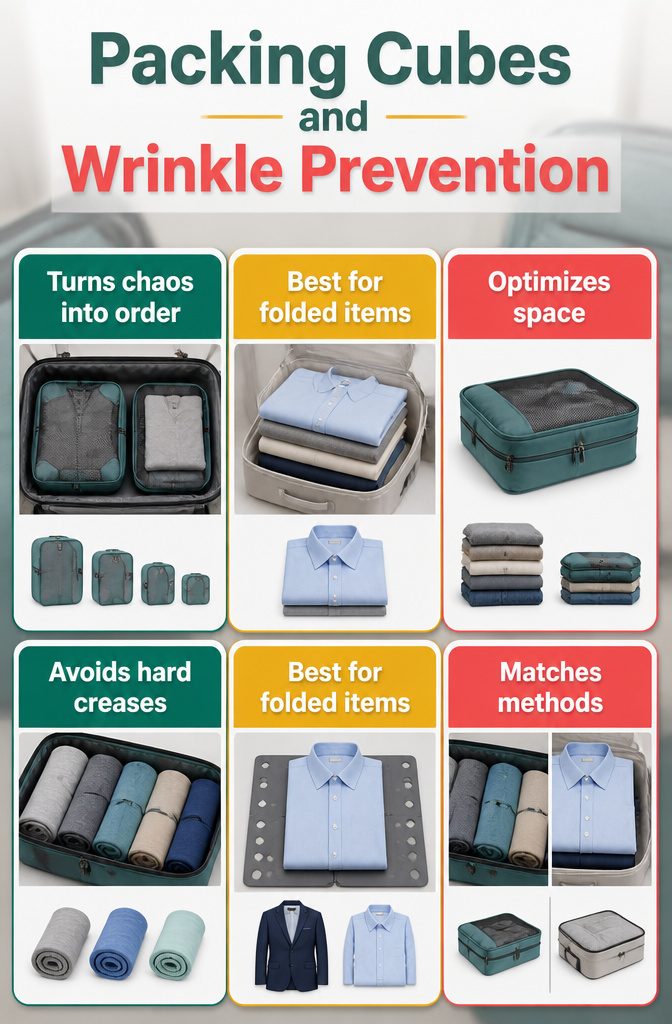 Various packing cubes of different sizes filled with clothes.