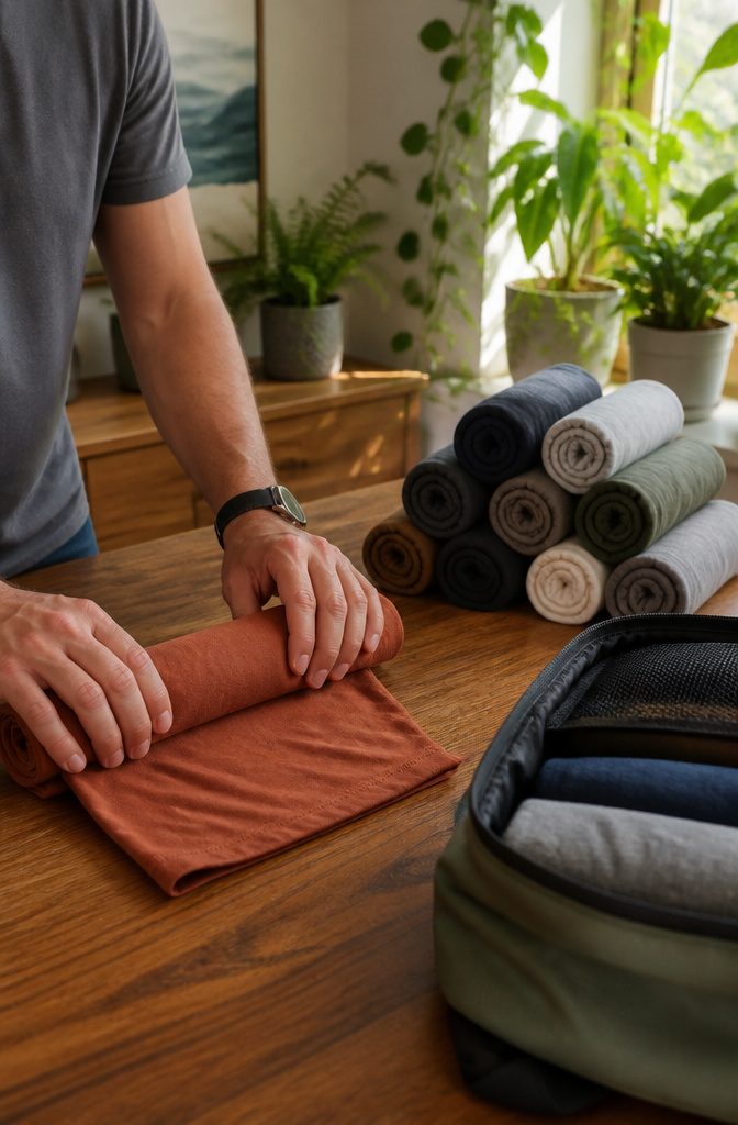 A t-shirt rolled tightly with the Ranger Roll method.