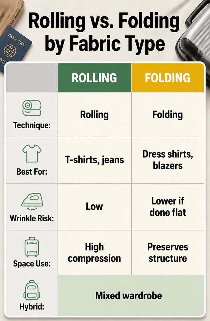 A comparison chart of rolling and folding techniques by fabric type.
