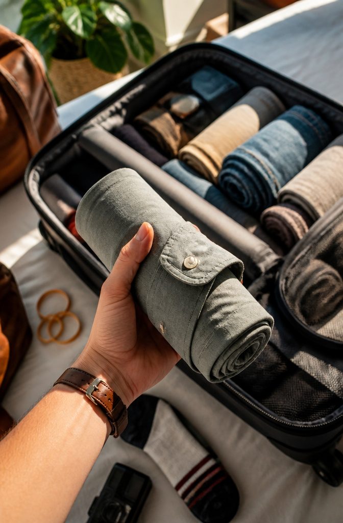 A rolled shirt held with its cuff inside an open suitcase.