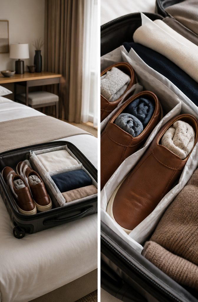 Shoes stuffed with rolled socks and other small items.