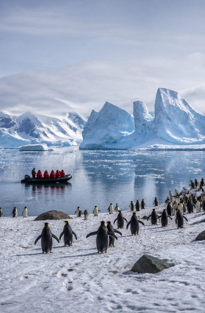 A group of king penguins walking on a beach in Antarctica.