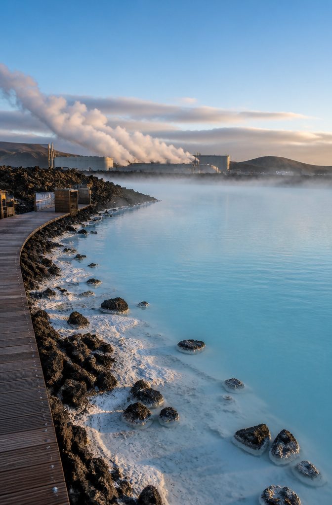 Milky blue waters of the Blue Lagoon surrounded by dark lava rocks.