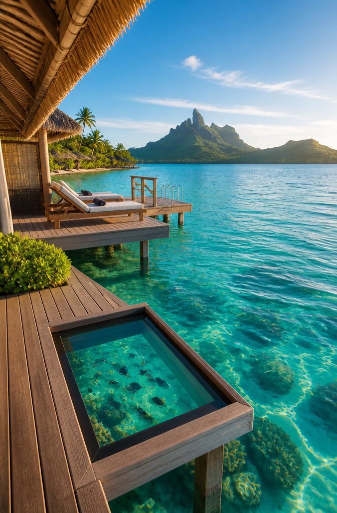 View from an overwater bungalow looking out over Bora Bora's clear lagoon.