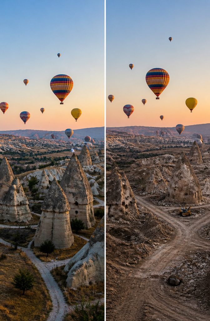 Unique rock formations known as fairy chimneys in Cappadocia, Turkey.