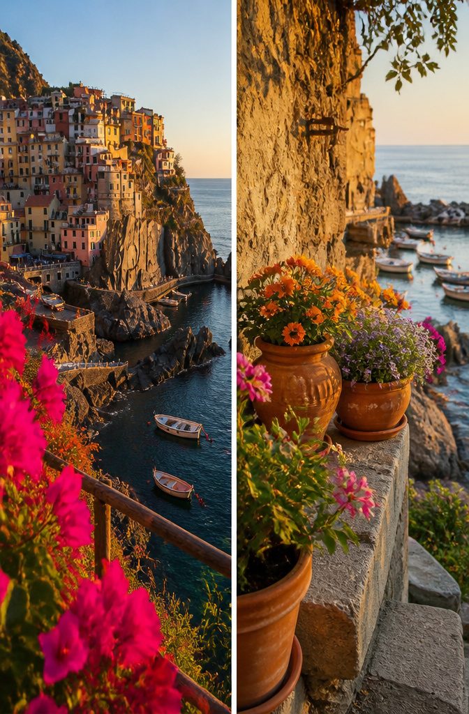 Picturesque views of colorful houses in Cinque Terre, Italy.