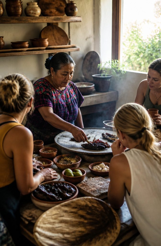 Participants in a cooking class learning to prepare traditional Mexican dishes.