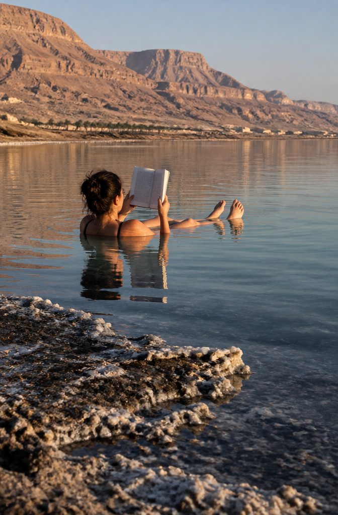 People floating in the Dead Sea with desert landscape in the background.