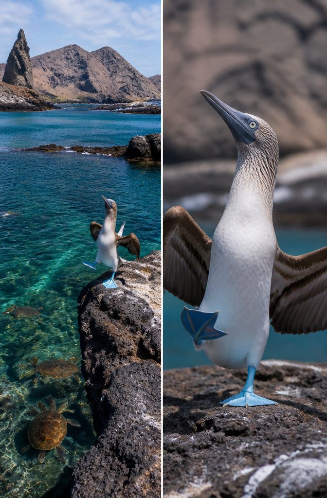 A blue-footed booby engaging in a mating dance on a rocky shore.