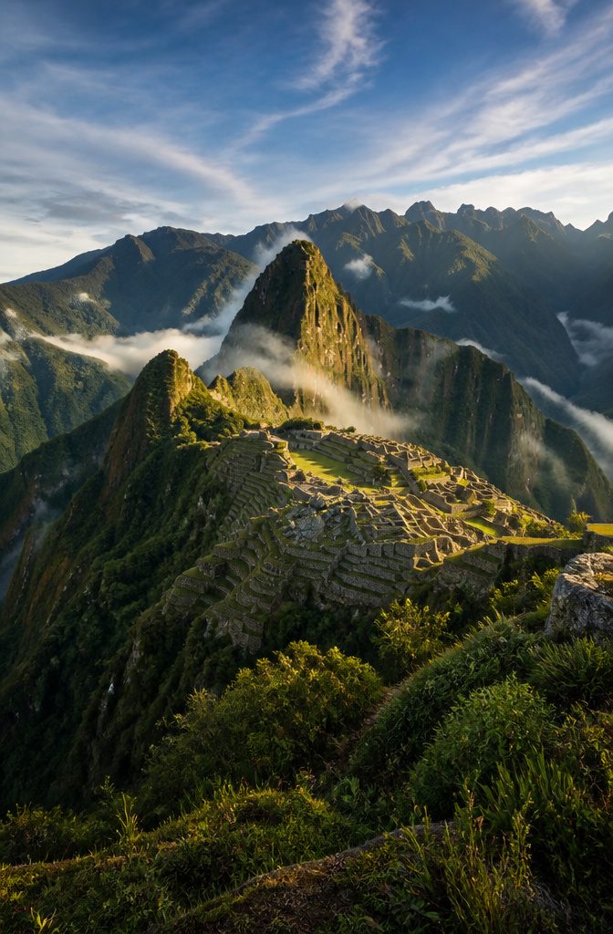 Terraced ruins of Machu Picchu set against a mountainous backdrop.