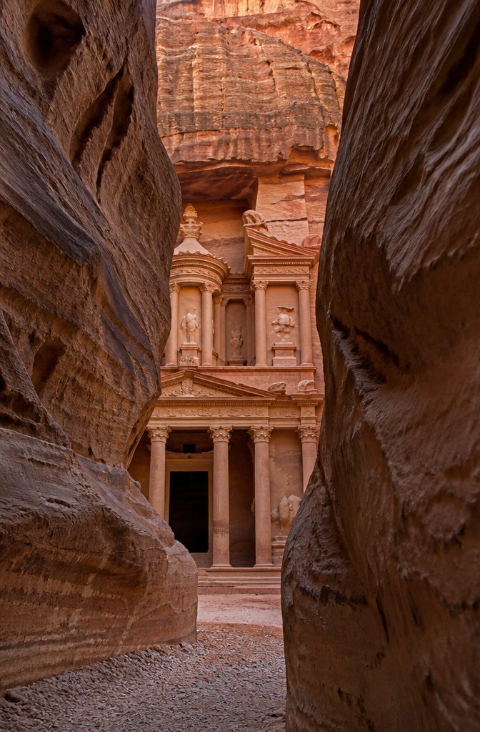 The Treasury building at Petra, carved into rose-red sandstone.