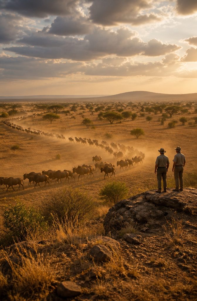 Herds of wildebeest and zebra crossing a river in Tanzania during migration.
