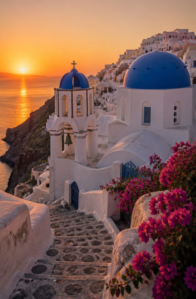 Santorini's iconic white buildings and a colorful sunset over the Aegean Sea.