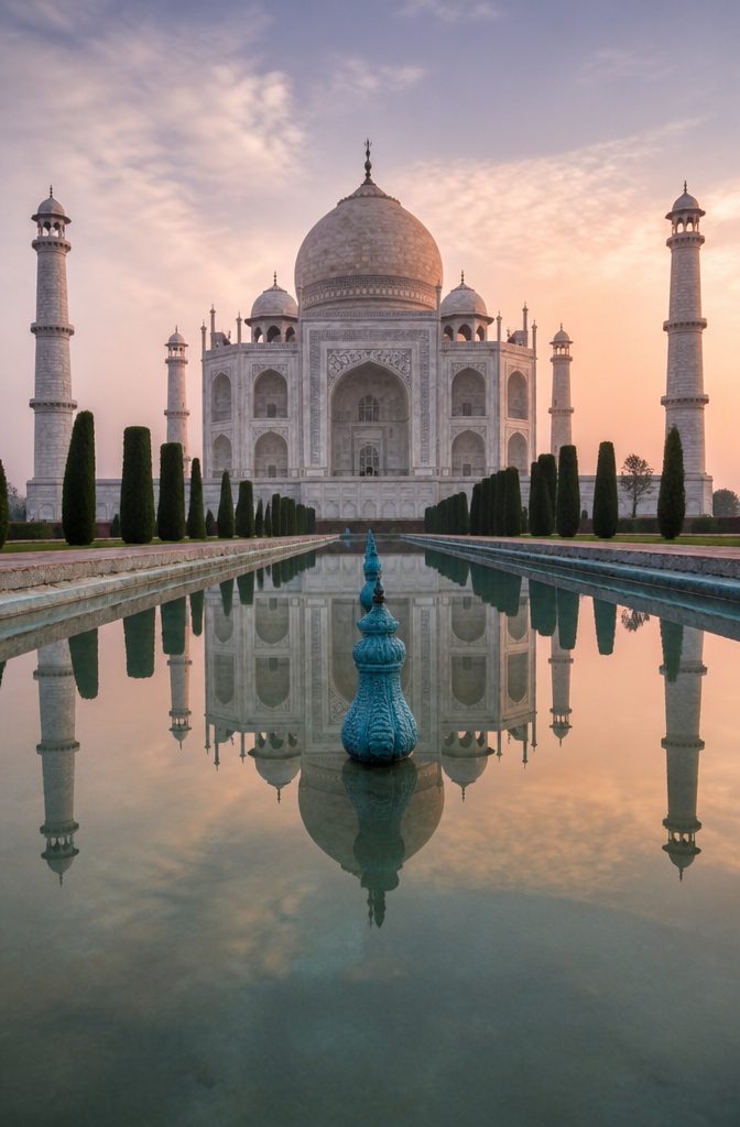 The iconic Taj Mahal reflecting in a pool surrounded by manicured gardens.