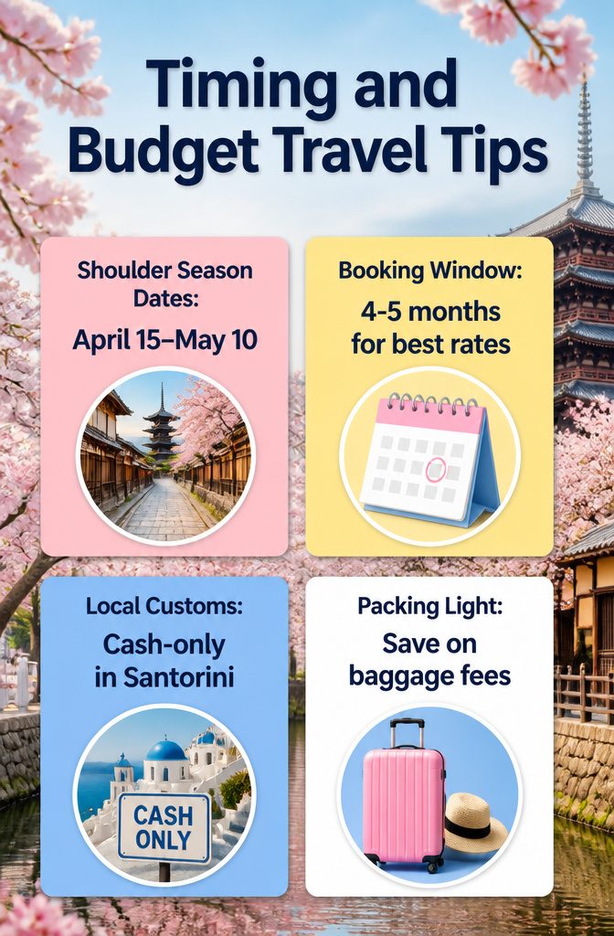 Infographic with tips for optimal travel timing and budgeting.