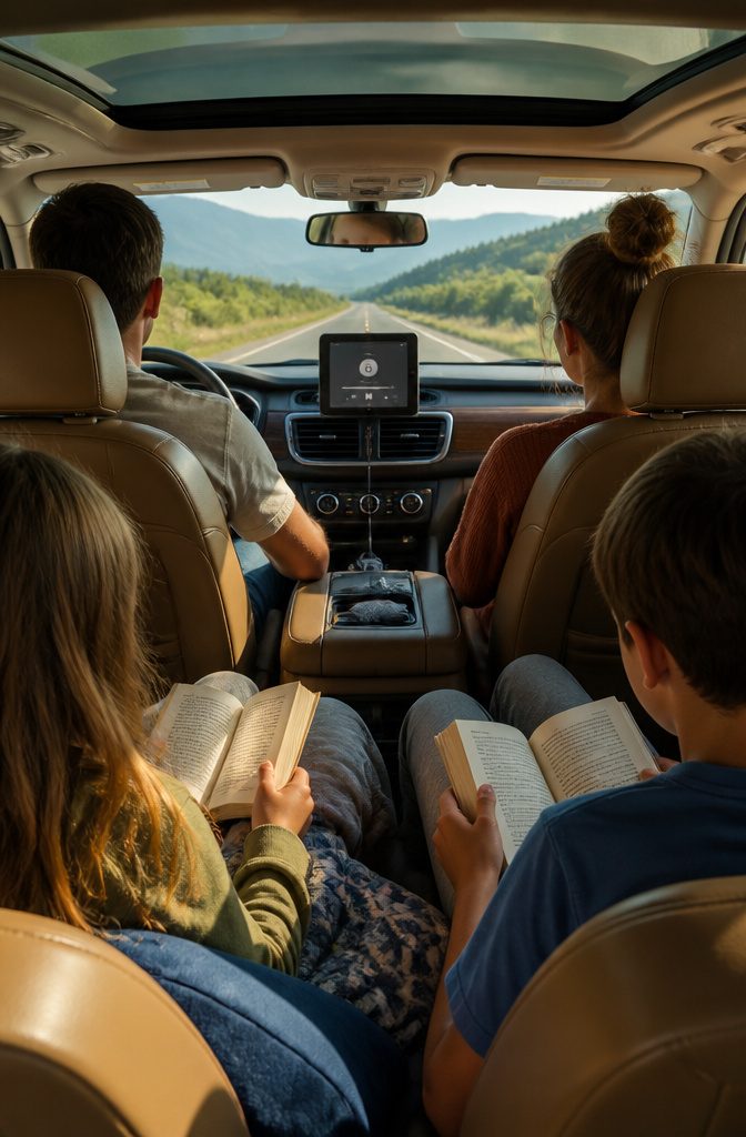 A family inside a car with an iPad playing an audiobook.