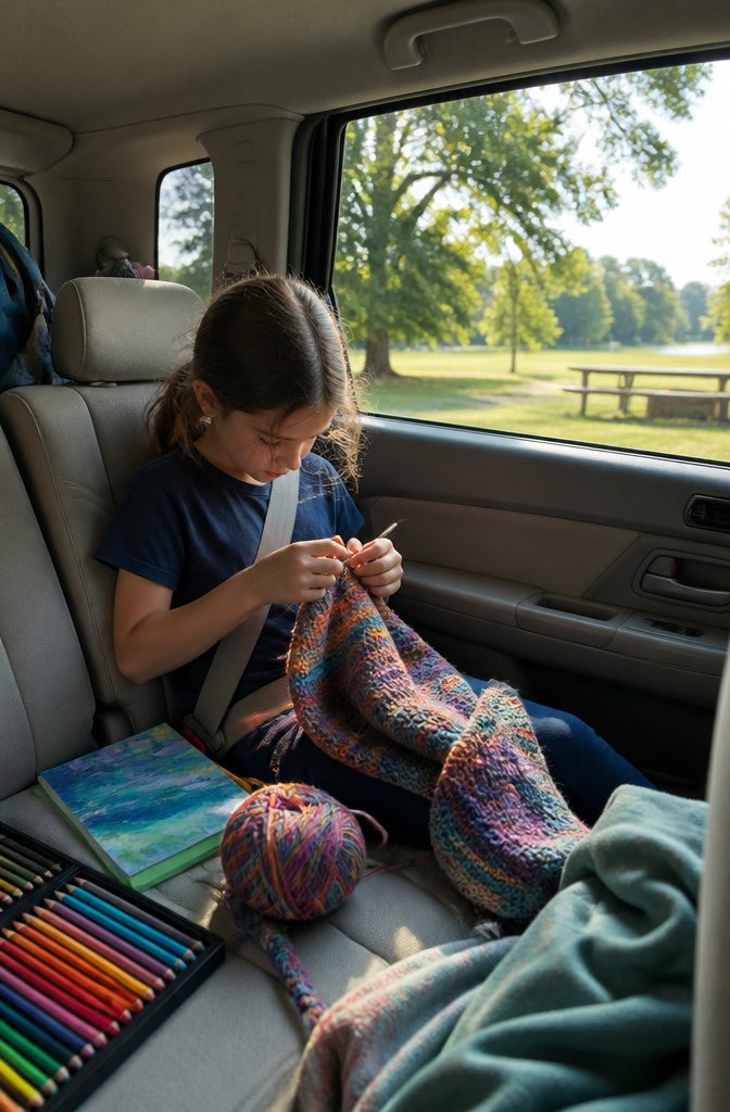 A child knitting a scarf in a parked family SUV.