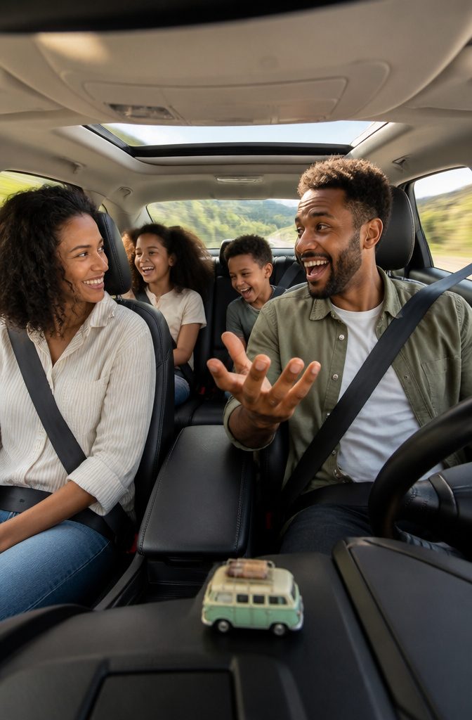 A family animatedly playing 'Would You Rather?' inside their car.