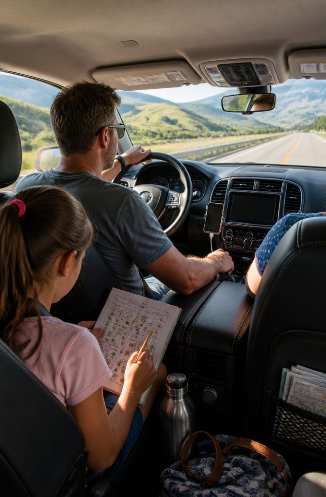 A family learning a language using an audio course in their car.