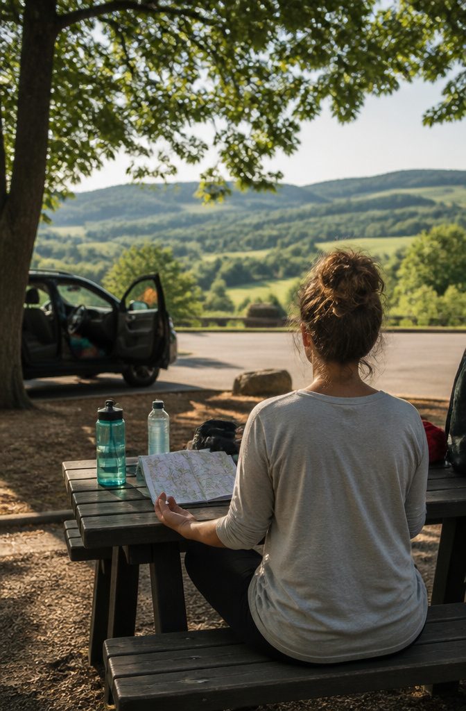 A person meditating on a bench at a highway rest stop.