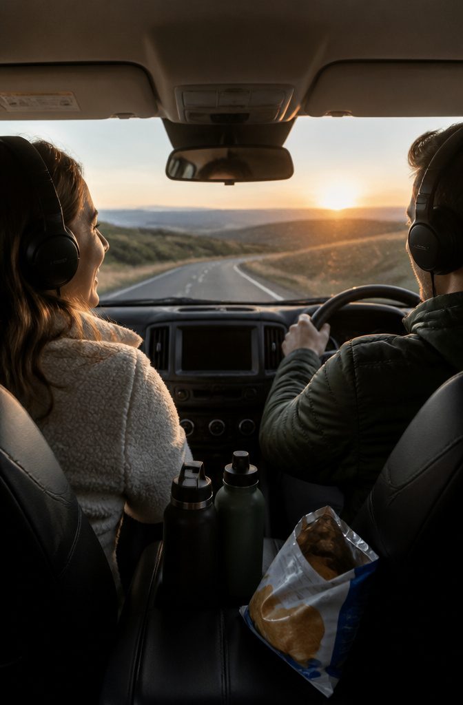 Passengers in a car listening to a podcast with headphones.