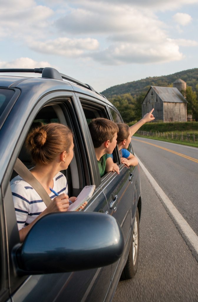 A family engaged in the Alphabet Game inside a minivan.