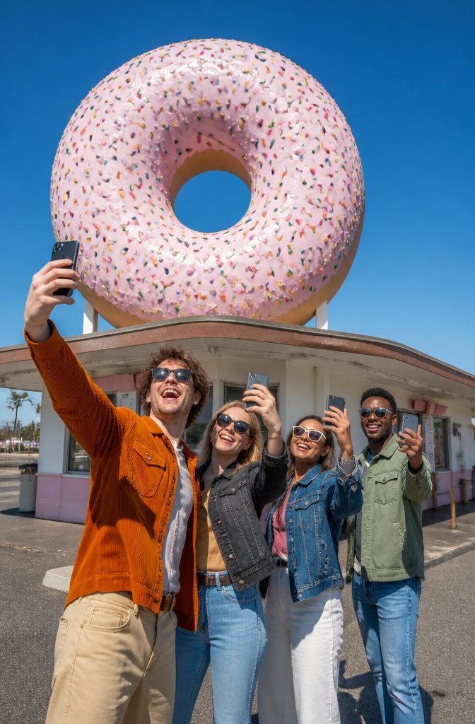 A group of friends posing for selfies near a giant donut sculpture.