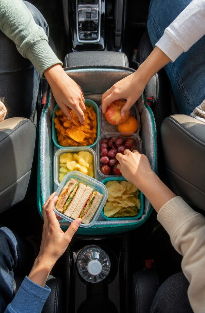 A cooler bag stocked with snacks placed behind the passenger seat.