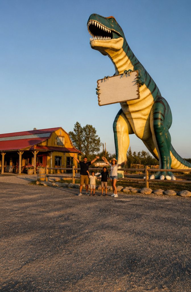 A family visiting a roadside attraction during a road trip.