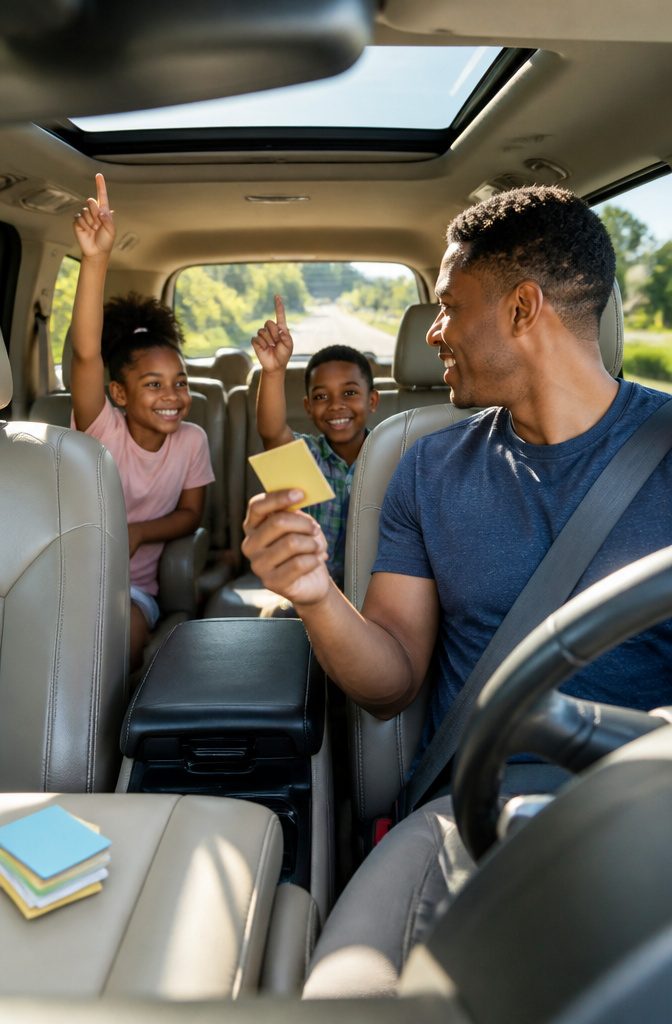 A family playing trivia games inside their vehicle on a highway.