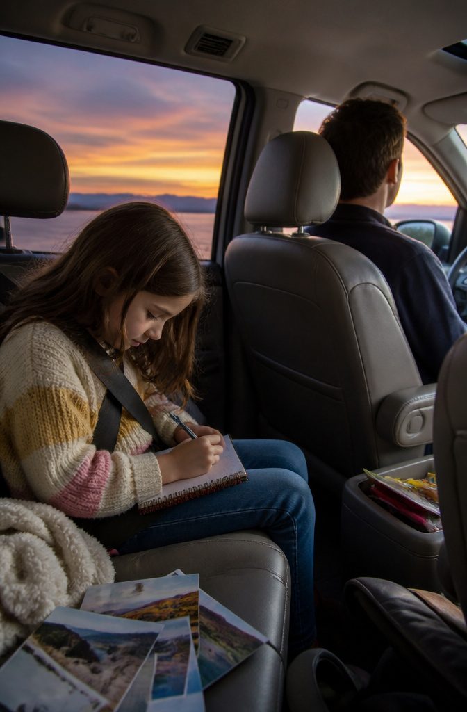 A child writing in a small notebook inside a minivan.