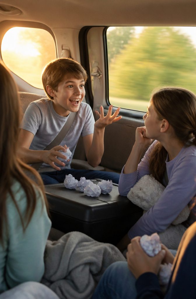 Kids excitedly playing the Categories game in a minivan.