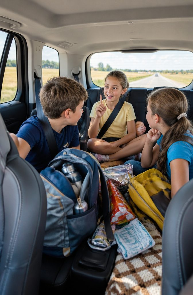 Family playing The Grocery Game in a cheerful station wagon.