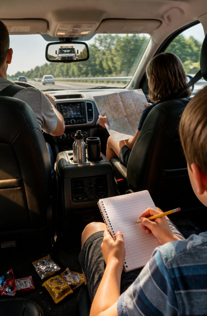 Child holding a notepad while searching for license plates.