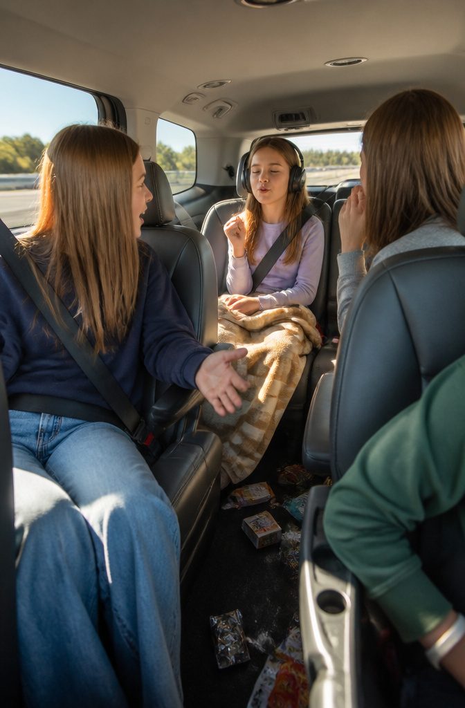 Family playing Name the Artist game in a car filled with music.