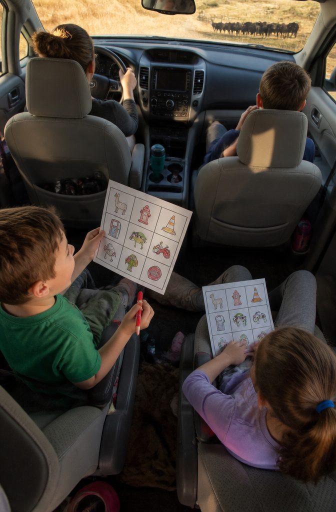 Family playing Road Trip Bingo in a car with cards.