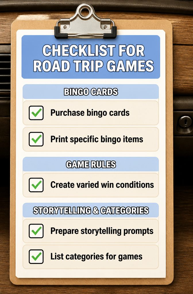 Printed checklist for road trip games found in a glove box.